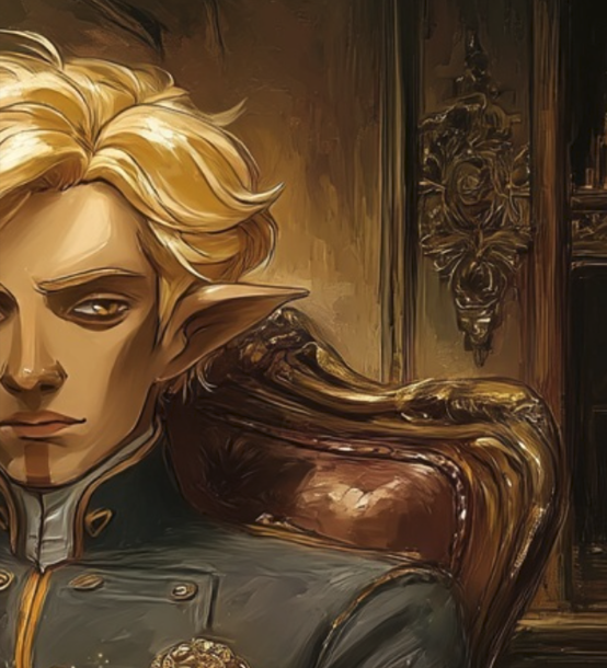Portrait of Oren Thrynn, a fair-haired young man in a dark high-collared coat with a gilded crest, reading in a firelit chair.
