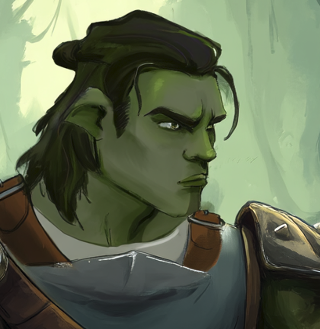 Portrait of Aeric Auld'im, a green-skinned R'honasari warrior with dark hair pulled back, wearing leather and bronze armor against a misty forest backdrop.