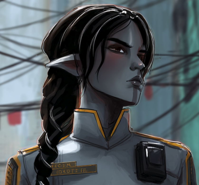 Portrait of Nereya Vosiet, a dark-haired Lawkeeper in a grey uniform with gold trim, her expression wary against a tangle of overhead wires.